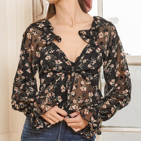 NWT Black Floral Print Ruffle Tie Front Top-Sheer - Picture 6 of 7